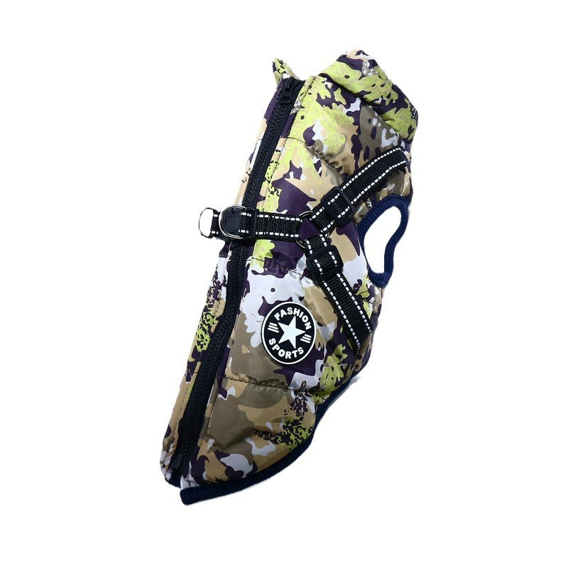 Waterproof padded dog winter coat with cotton insulation in Print Green, top view