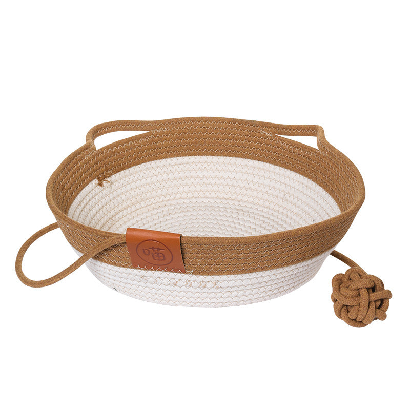 Hand woven round cotton and linen pet nest in grey, view 5