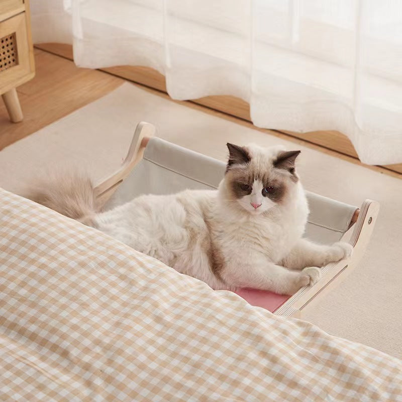 Wall mounted wooden cat hammock with removable padded mat, view 2 of 12