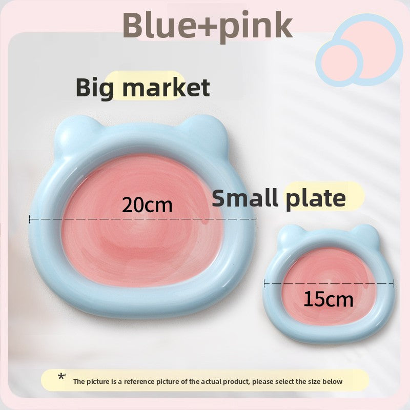 Shallow ceramic pet food plate with cute bear design in blue and pink, view 7