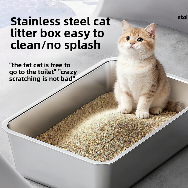 Open Stainless Steel Cat Litter Box, Low Entry for Kittens and Cats