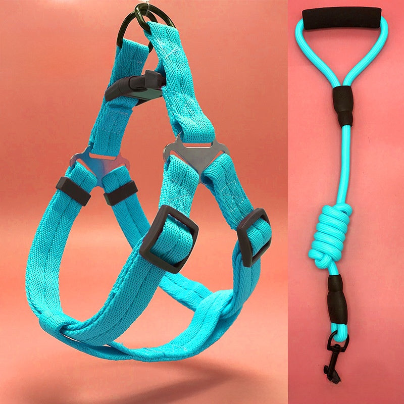 Three piece dog harness, collar and lead set in blue