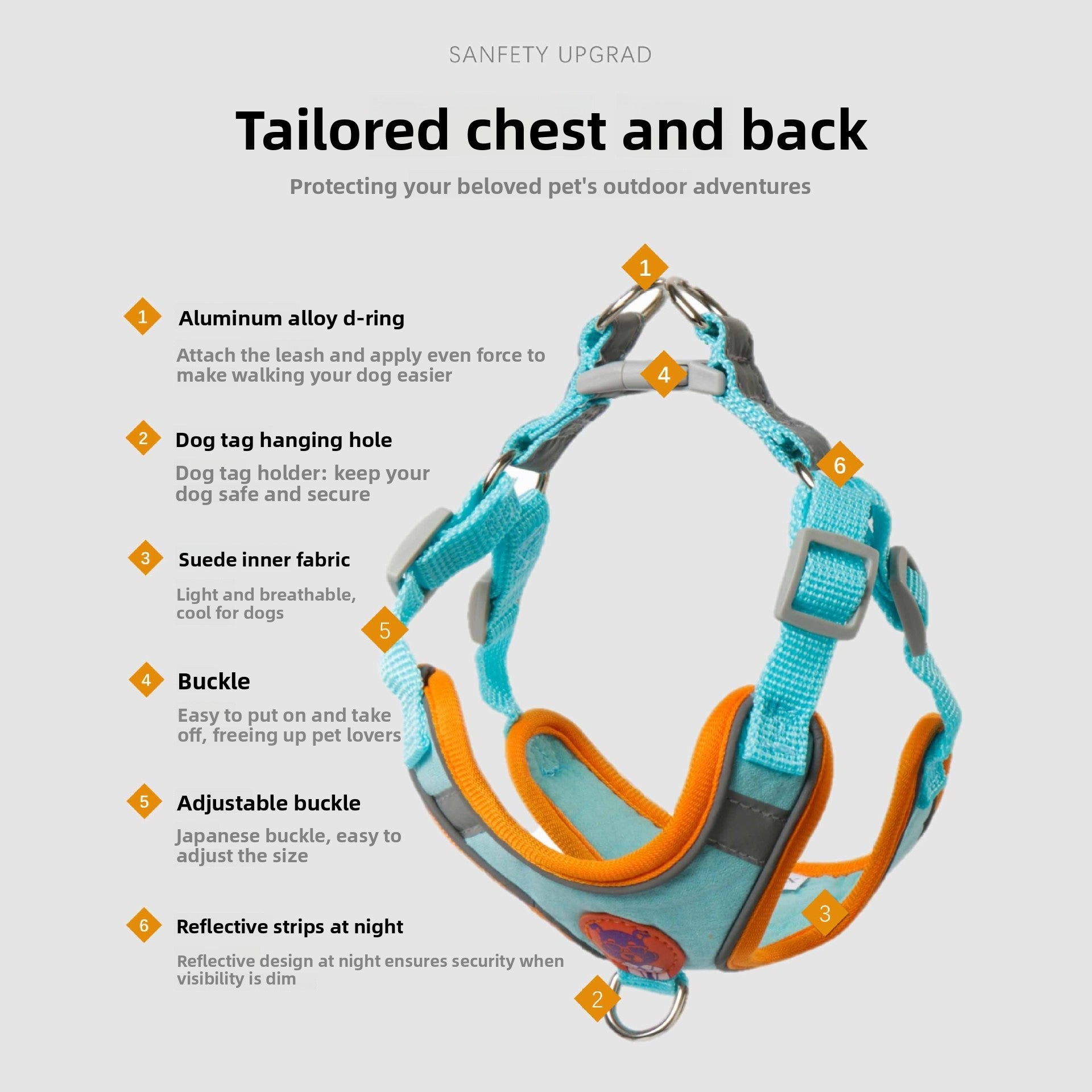 Reflective vest harness with flat lead in 4 colour options