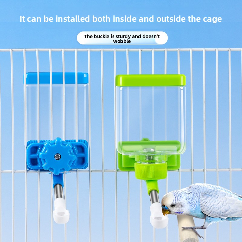 Blue automatic clip on bird water dispenser on cage, view 4