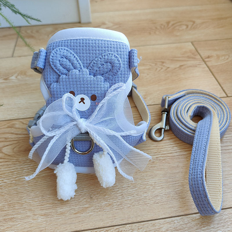Blue bunny print vest harness and lead set for puppies