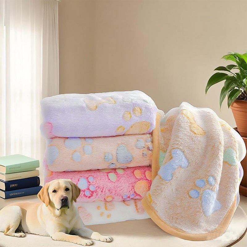 Soft flannel pet blanket with coffee brown footprint print, view 1