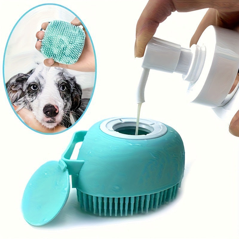 Silicone Dog Bath Brush with Shampoo Dispenser, Soft Massage Bristles