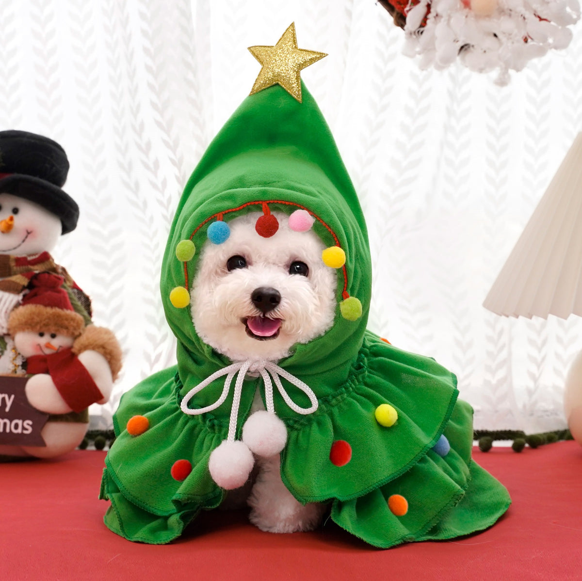 Plush Christmas tree pet capes in green and red