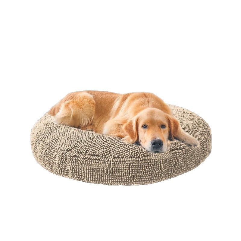 Chenille donut pet bed in khaki with raised rim