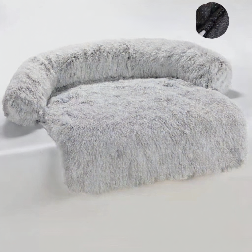 Dark grey long plush curved dog bed with raised sides, photo 2