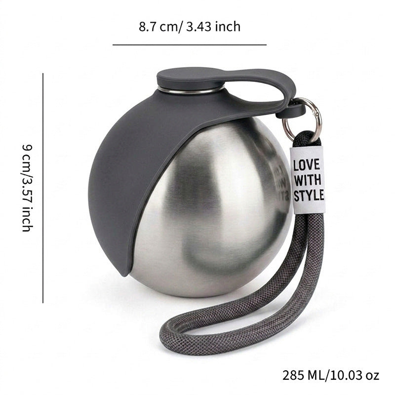 Stainless steel dog water bottle with hook in Grey Bottle, top view