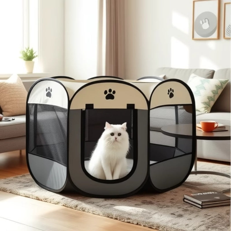Foldable octagonal pet playpen tent with mesh windows, view 1