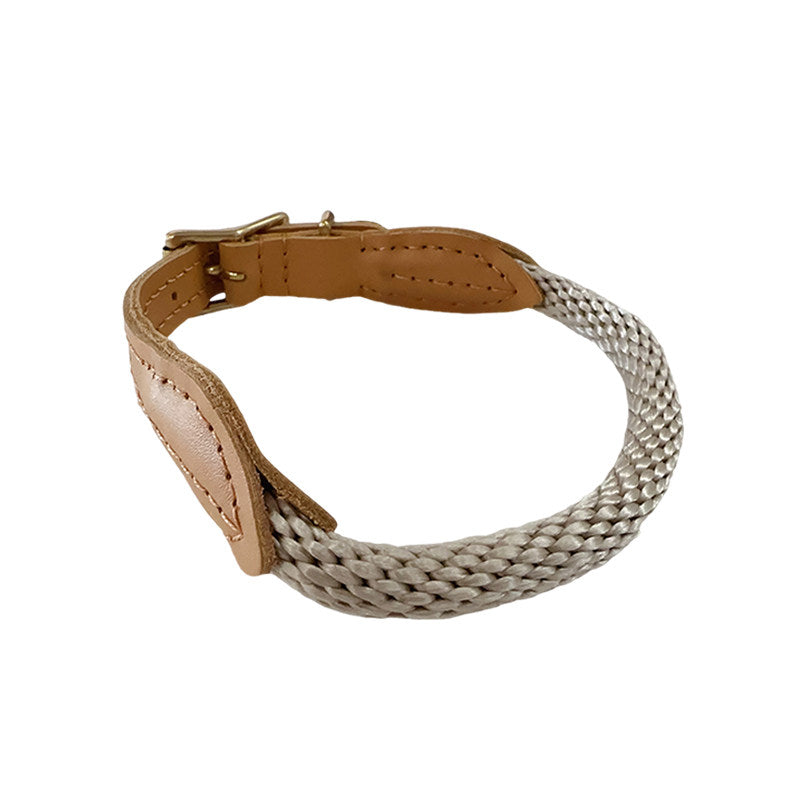 Khaki leather and nylon dog collar with metal buckle, product image 1