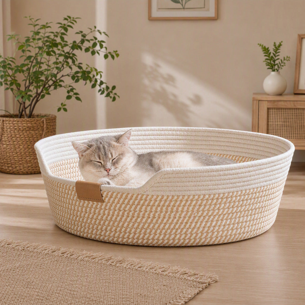Round woven cotton rope cat bed and scratcher in beige and white, view 3
