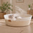 Round woven cotton rope cat bed and scratcher in beige and white, view 3