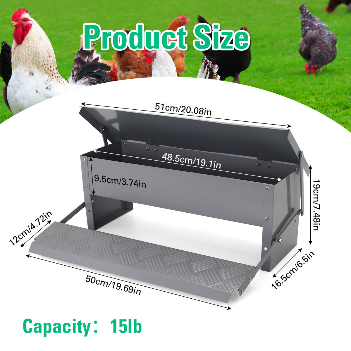 Automatic Pedal Chicken Feeder Trough 5kg in Iron or Stainless Steel