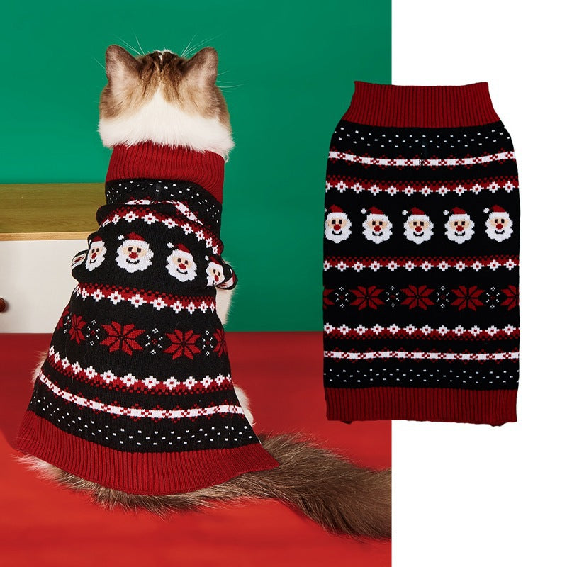 Christmas knitted pet jumper with festive design in Black Red Santa, close-up detail