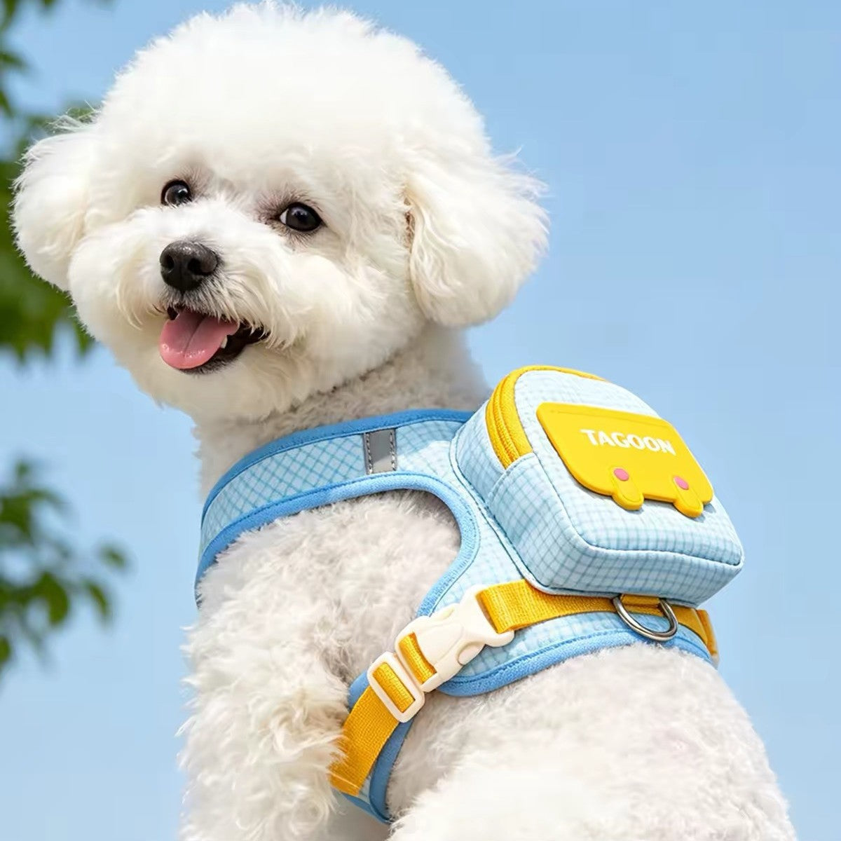 Breathable dog harness with built-in waste bag pouch, product image 1