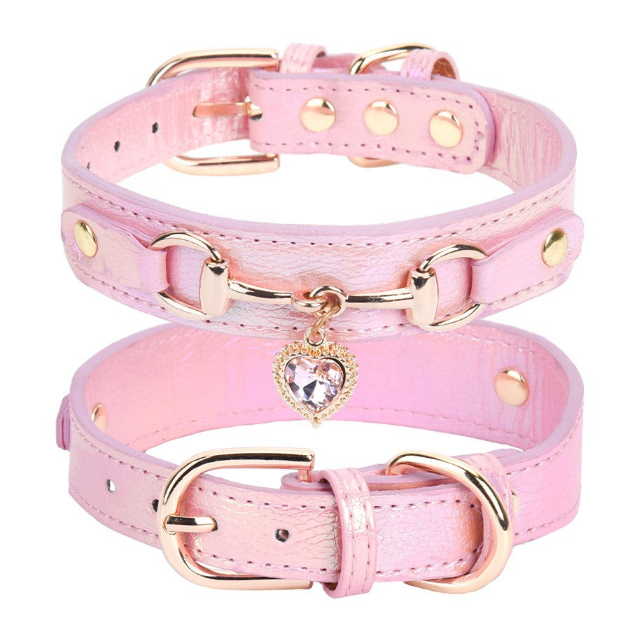 Heart rhinestone PU leather pet collar in Pink, in use with a pet