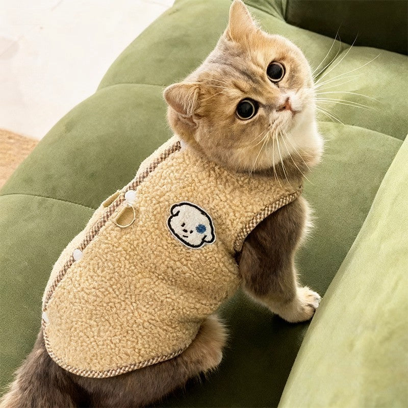 Fleece lined pet vest with back lead opening in Khaki Puppy, front view