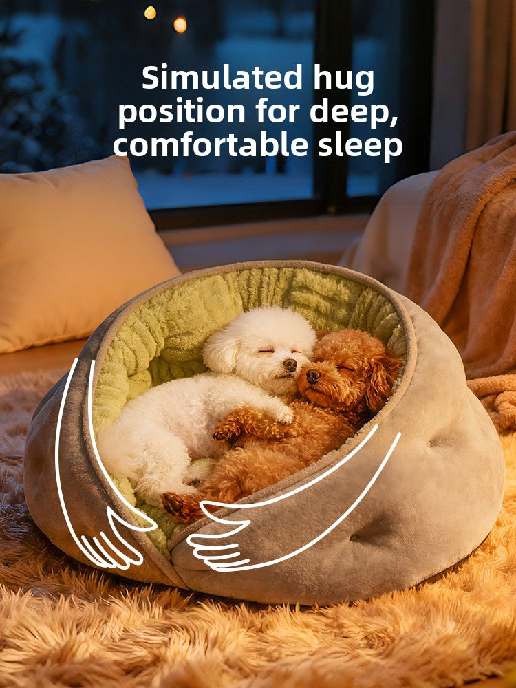 Round raised edge dog bed, shown in 3 colours and styles