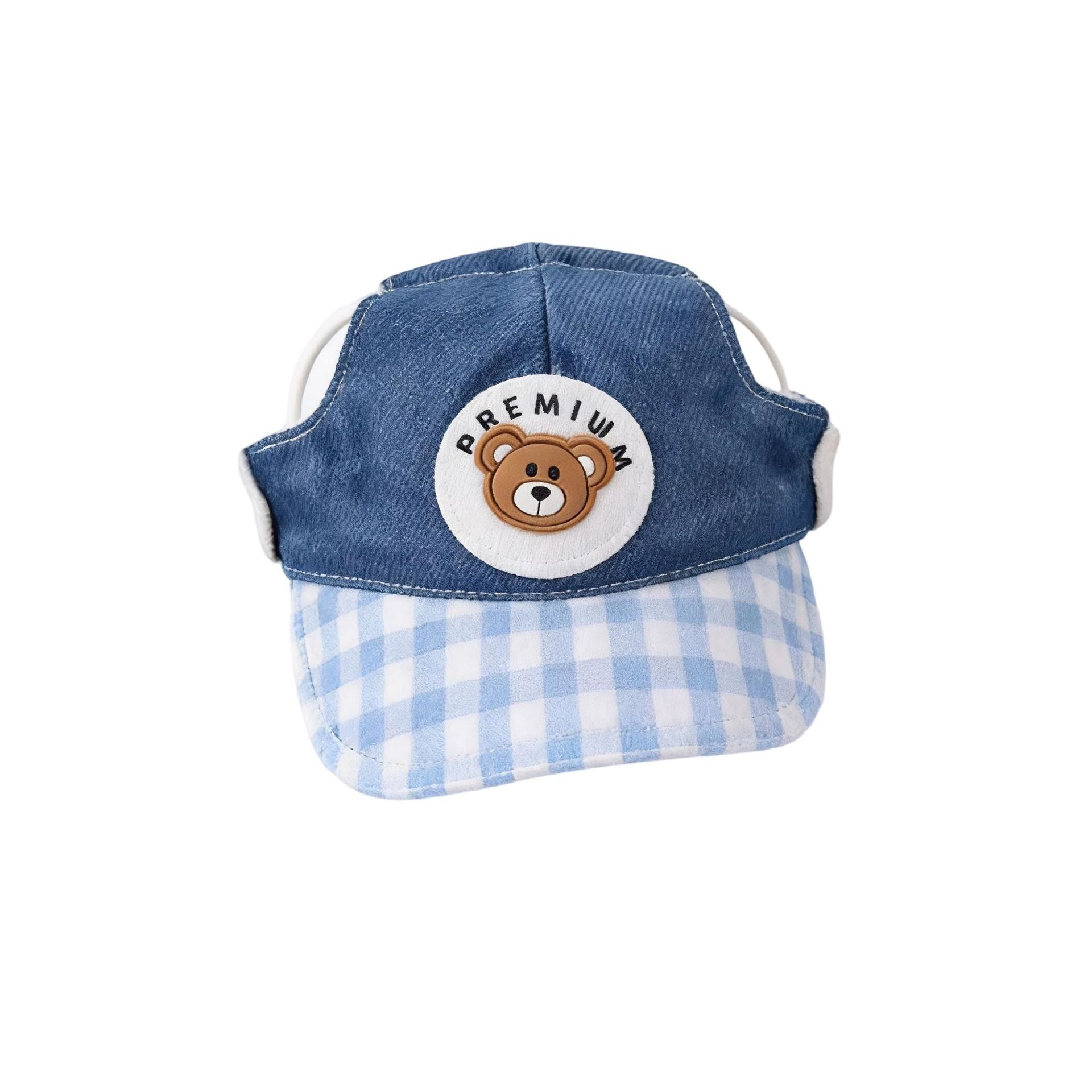 Denim and check pet harness and hat set, main product photo