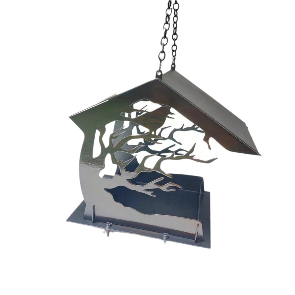 Geometric metal hanging bird feeder for gardens, product detail photo
