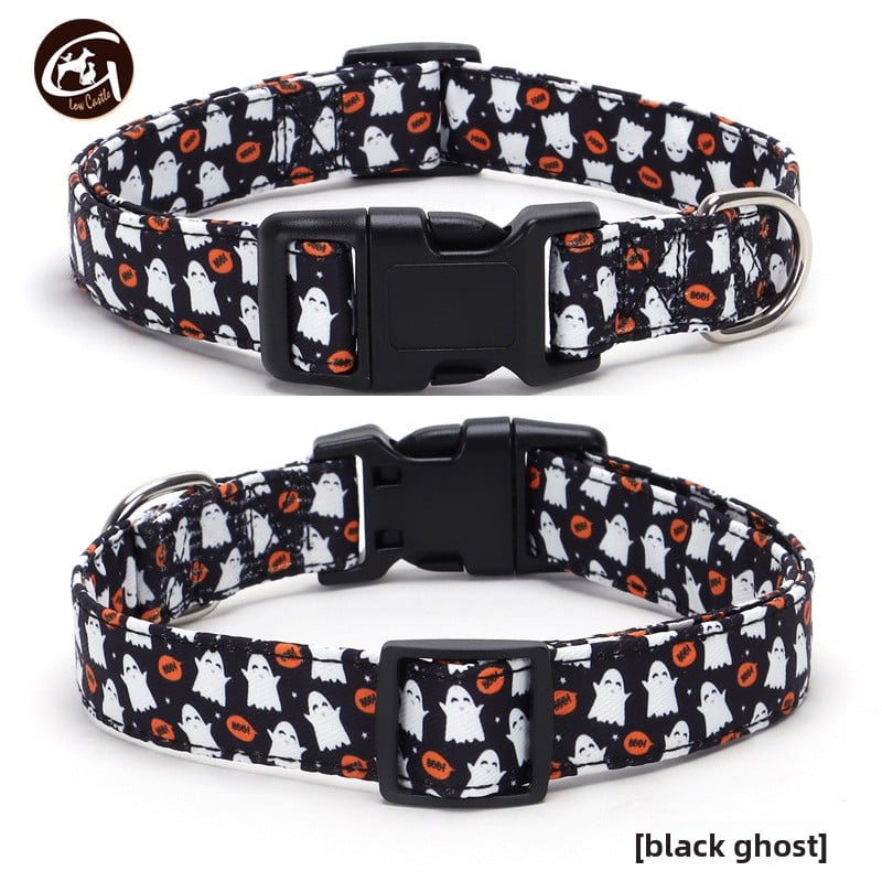 Halloween fabric dog collar with pumpkin print in Black Ghost, in use with a pet