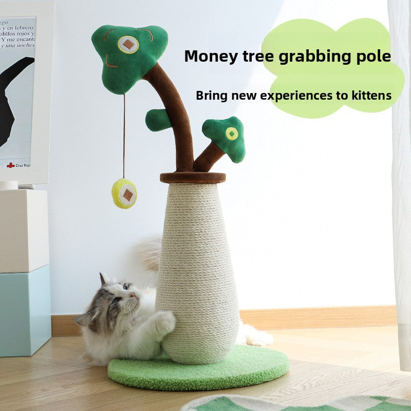 Vertical cat scratching post with a hanging carrot toy