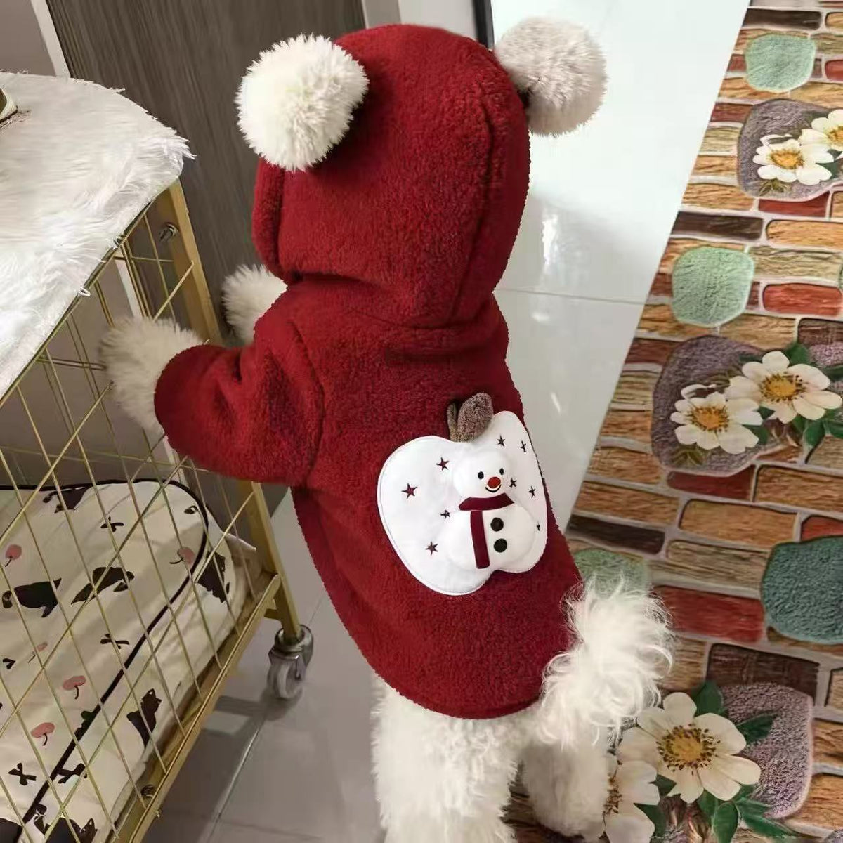 Small dog in a Christmas snowman faux lambswool jacket