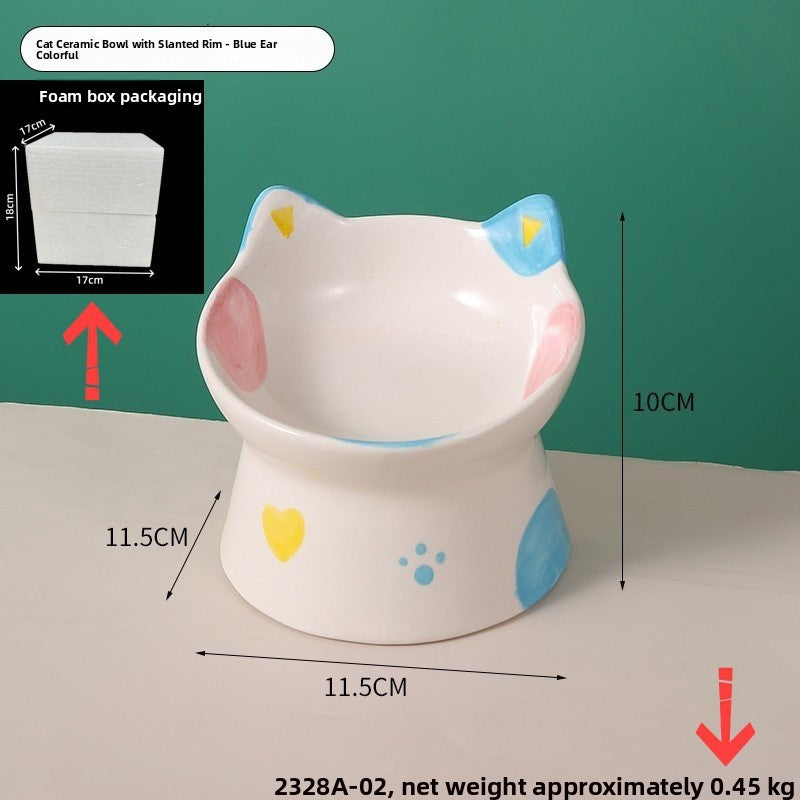 Ceramic Elevated Pet Bowl with Anti-Spill Slanted Opening and Double Ears in Cute Designs