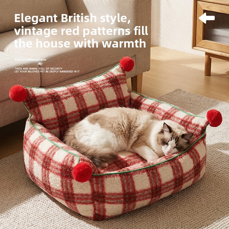 Red plaid plush sofa nest bed for cats and small dogs, photo 6 of 8