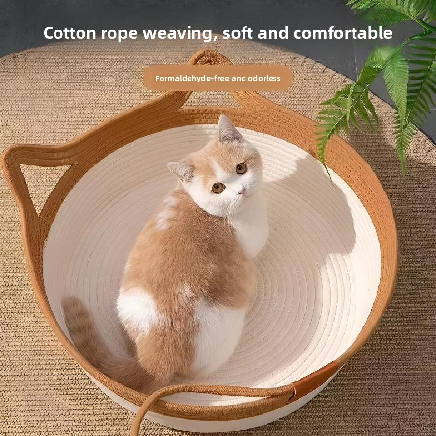 Caramel rattan and cotton rope cat bed with play ball, view 2