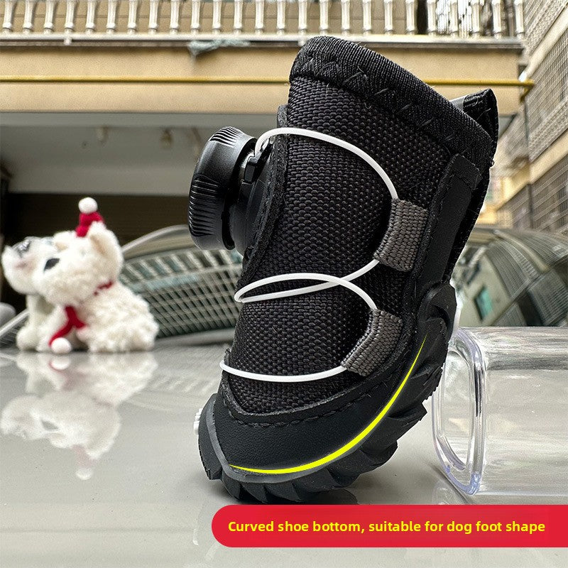 Plush lined winter dog shoes with rubber sole in Red Pair, close-up detail