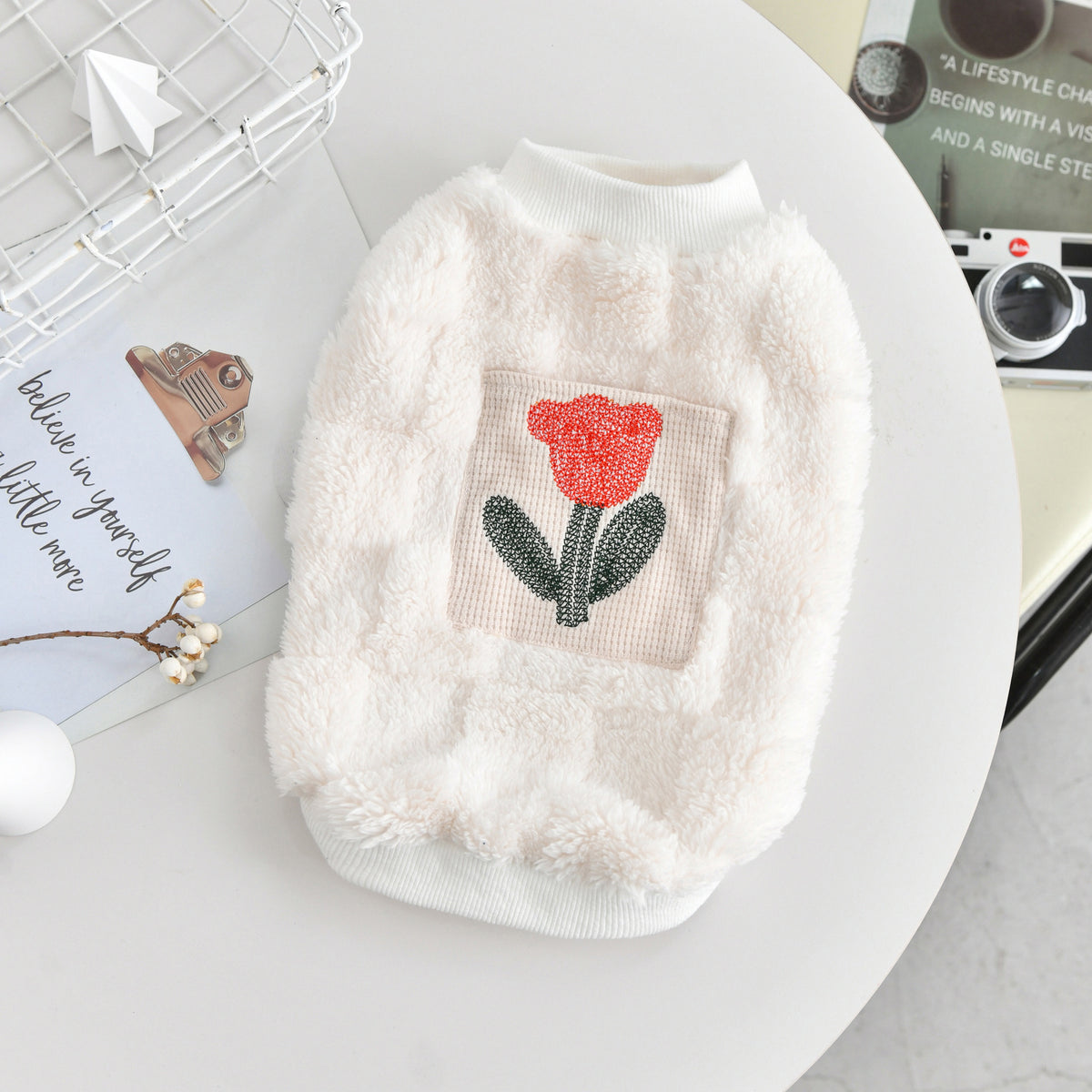 Soft suede-feel pullover sweatshirt for dogs and cats in Pink, showing size and shape