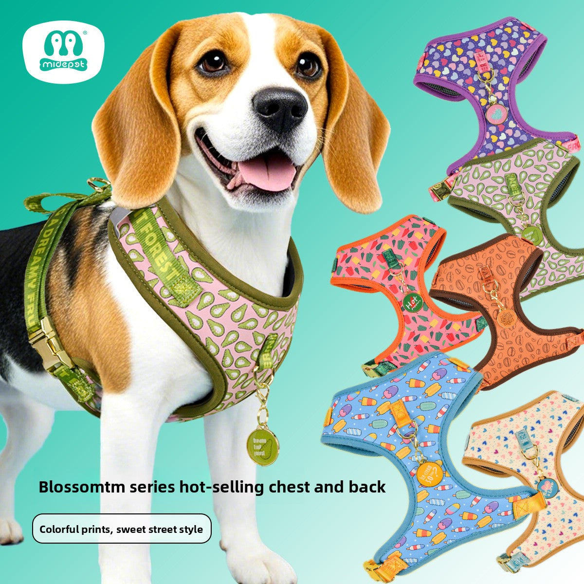 Patterned dog harness with ID tag in purple heart print, product image 1