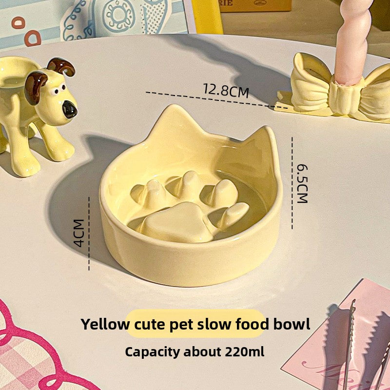 Flower-Shaped Ceramic Slow Feeder Pet Bowl with Wooden Stand for Cats and Dogs