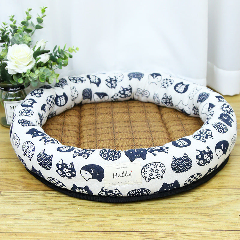 Round straw mat cooling pet nest with cat print, product image 6