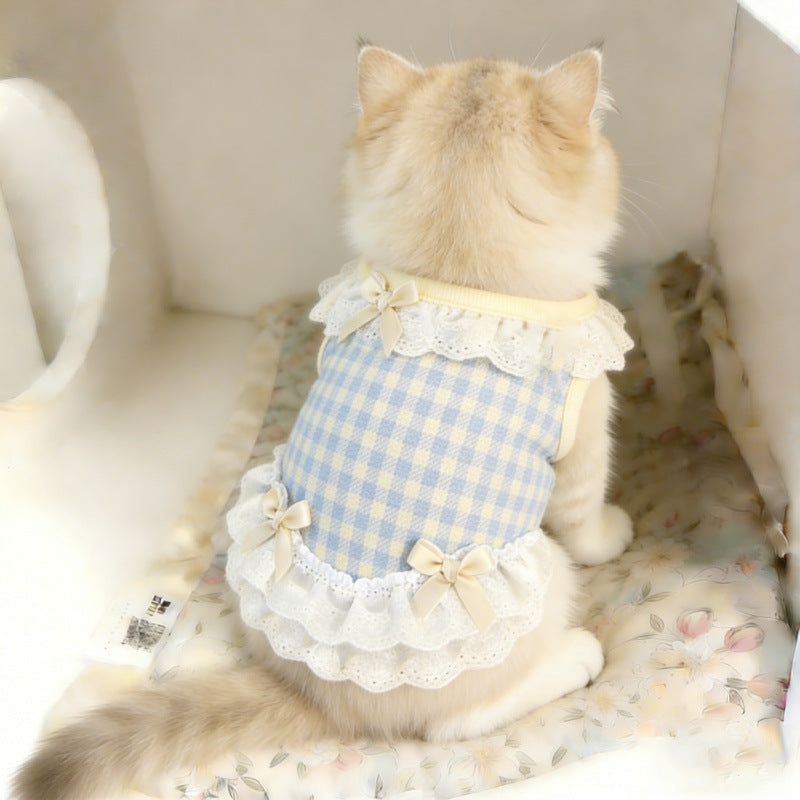 Blue lace trim vest dress for cats and small dogs, view 2