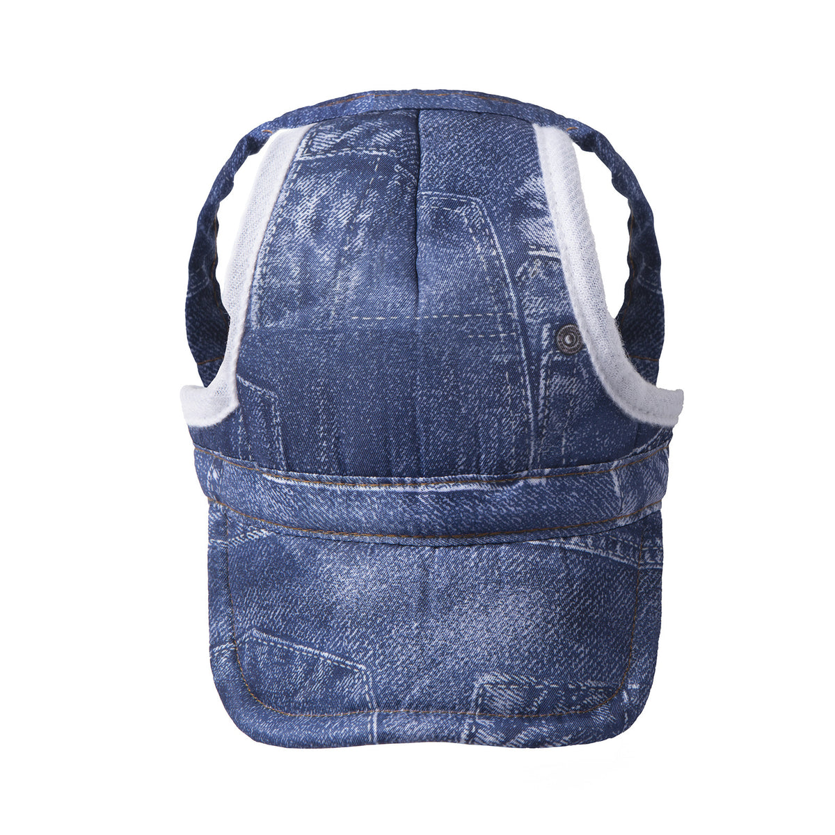 Adjustable pet baseball cap with ear cutouts in Blue Denim Print, showing size and shape
