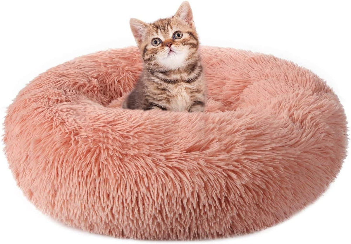 Deep long-pile pet bed with non-slip base, full product photo