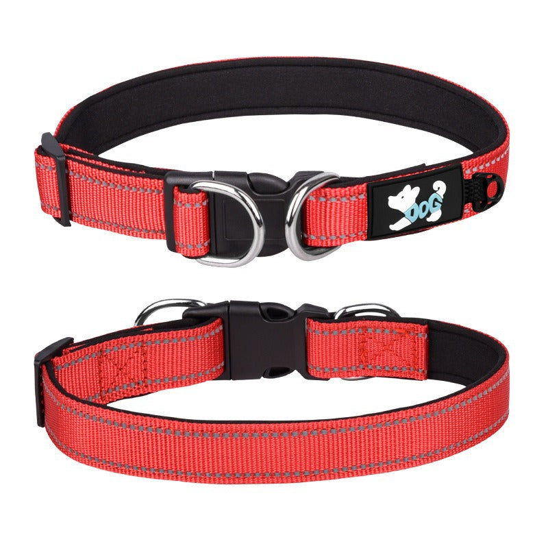 Reflective padded dog collar with locking buckle in Black, front view
