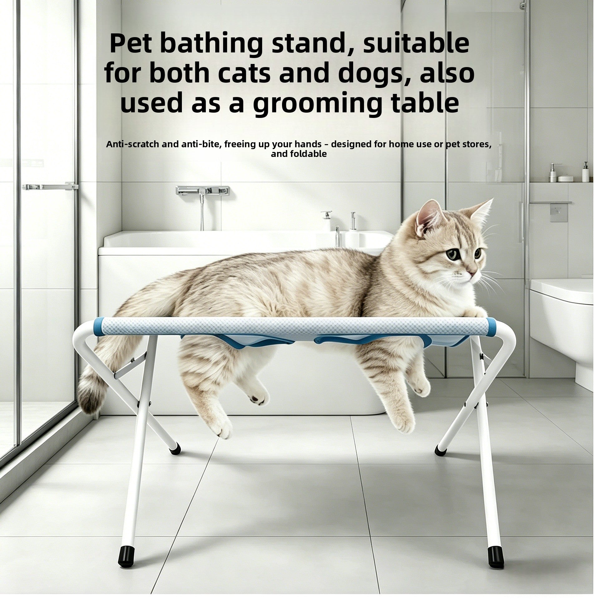 Pet grooming hammock with stand holding a small dog for nail trimming