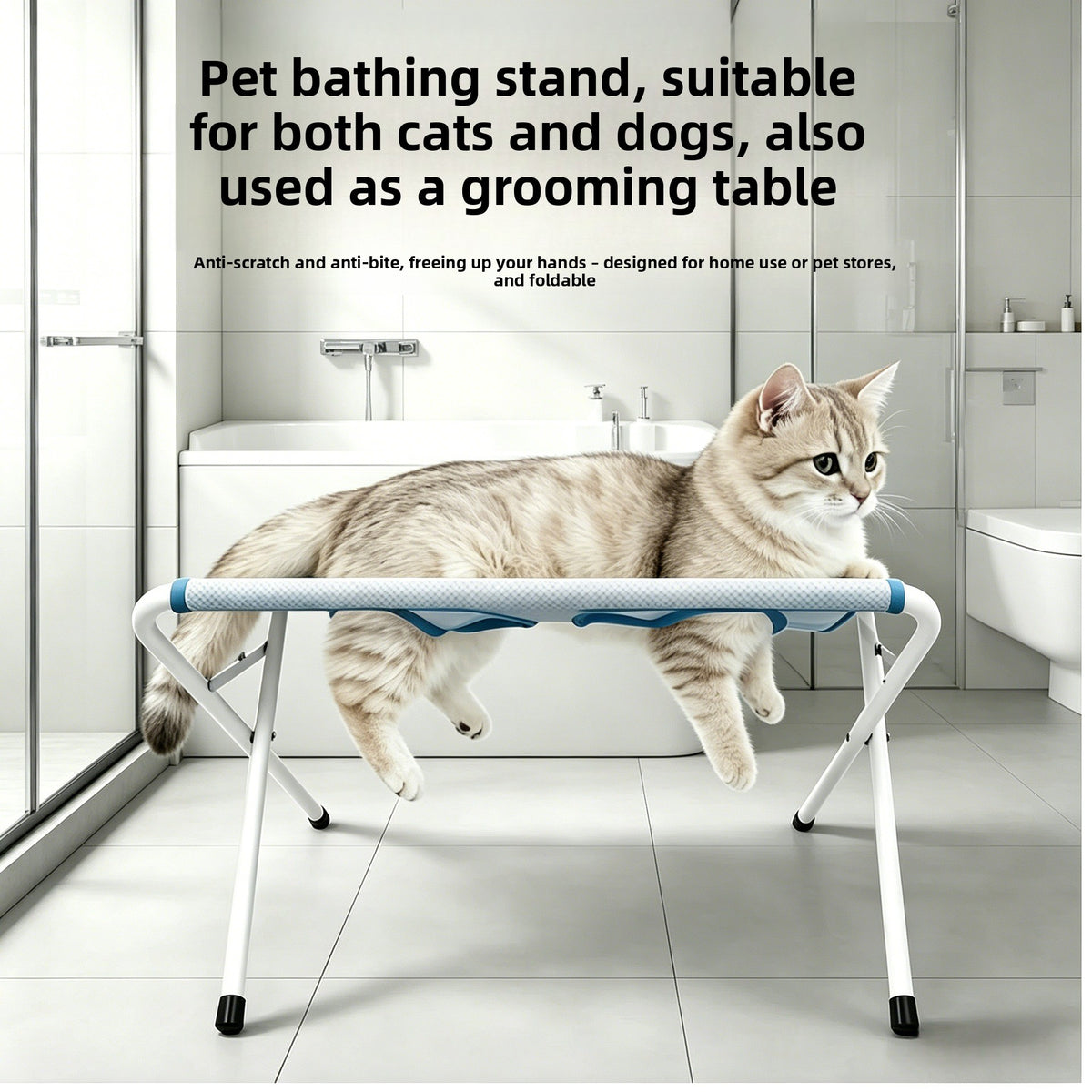 Pet grooming hammock with stand holding a small dog for nail trimming