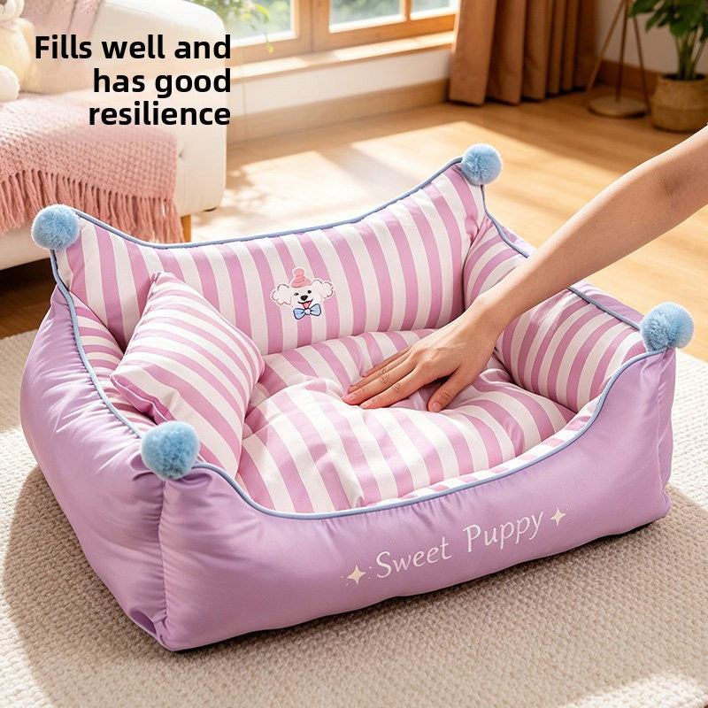 Semi-enclosed sofa style cat bed with striped poodle print, product image 4