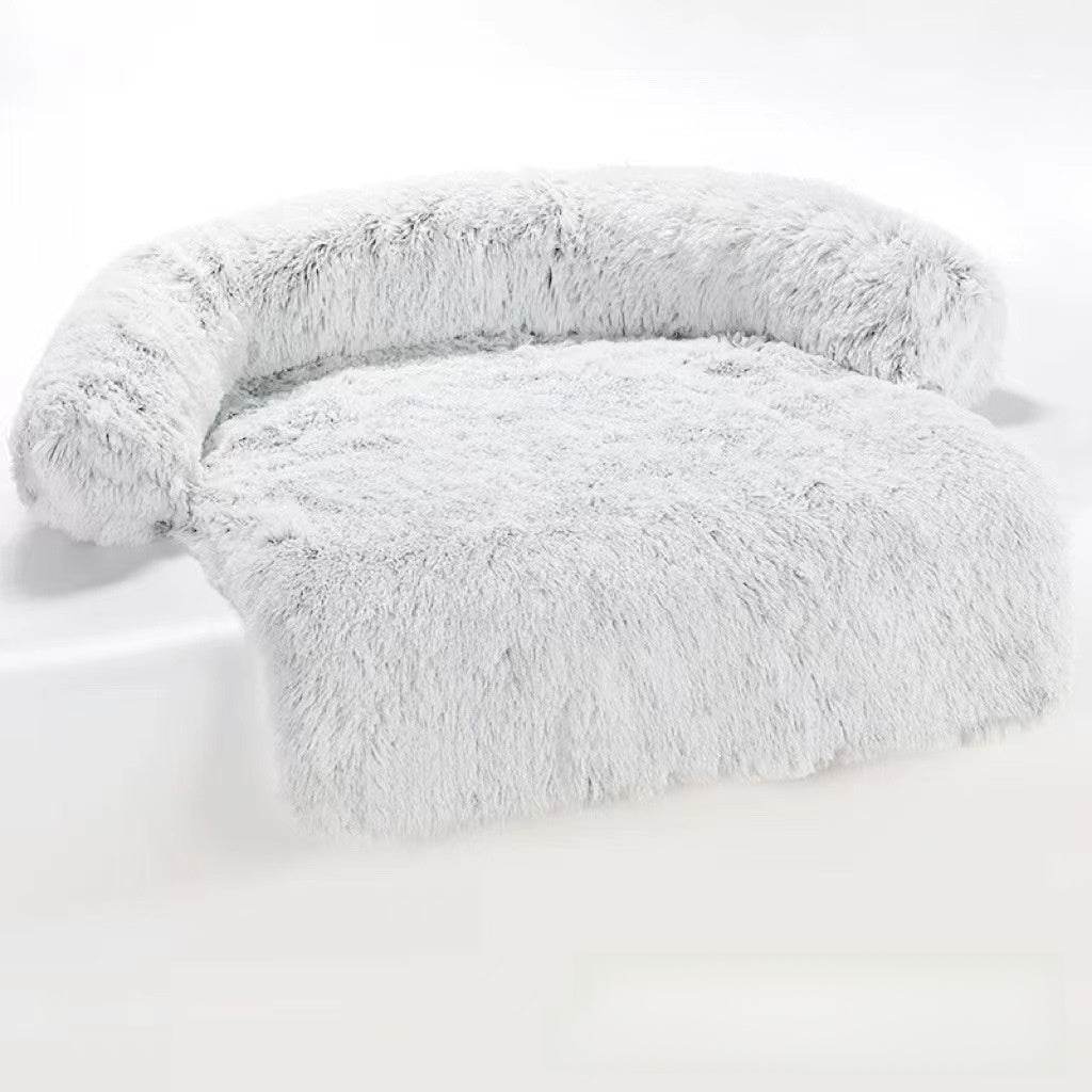 Dark grey long plush curved dog bed with raised sides, photo 13