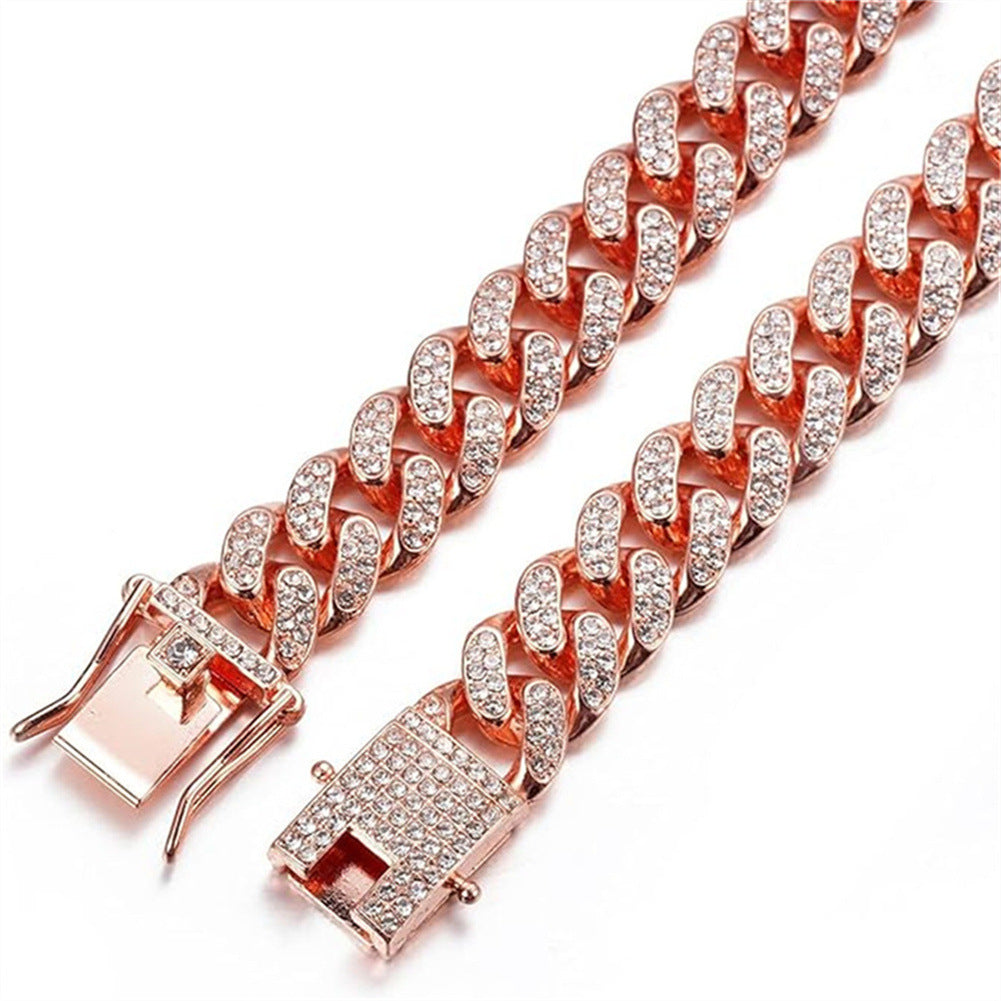 Faux diamond metal chain pet collar in Rose Gold, front view