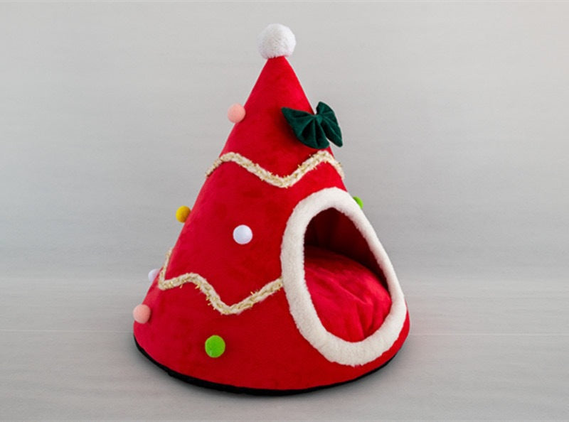 Red Christmas cat bed with bow and tree print, view 11