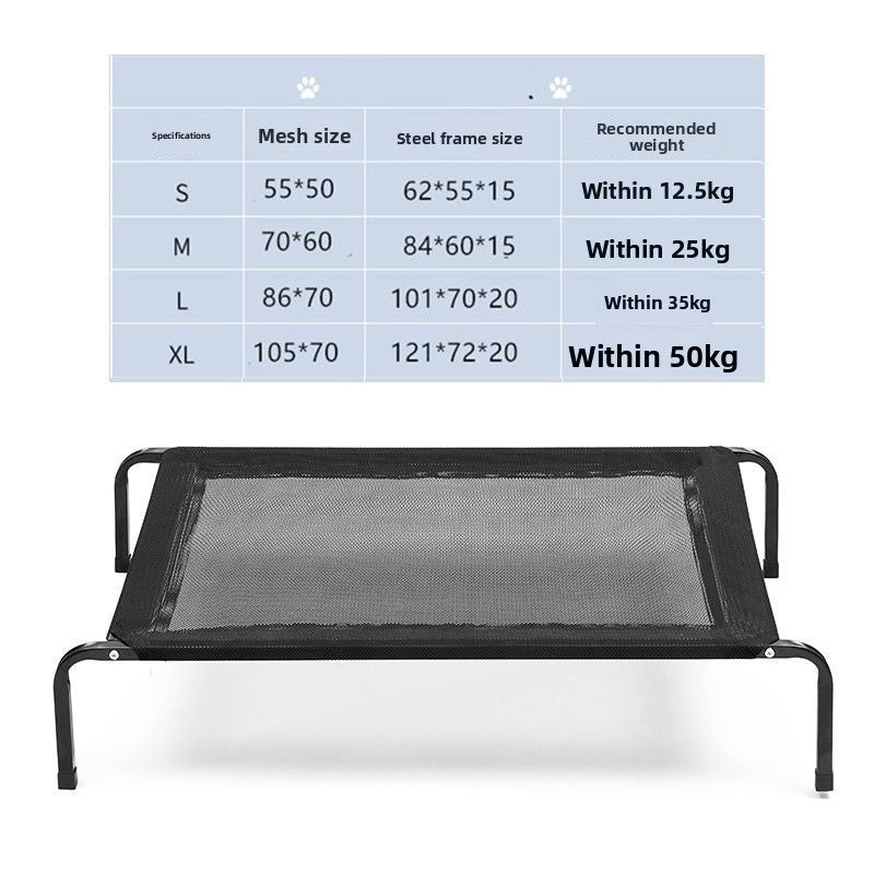 Elevated camping dog bed with steel frame and breathable mesh