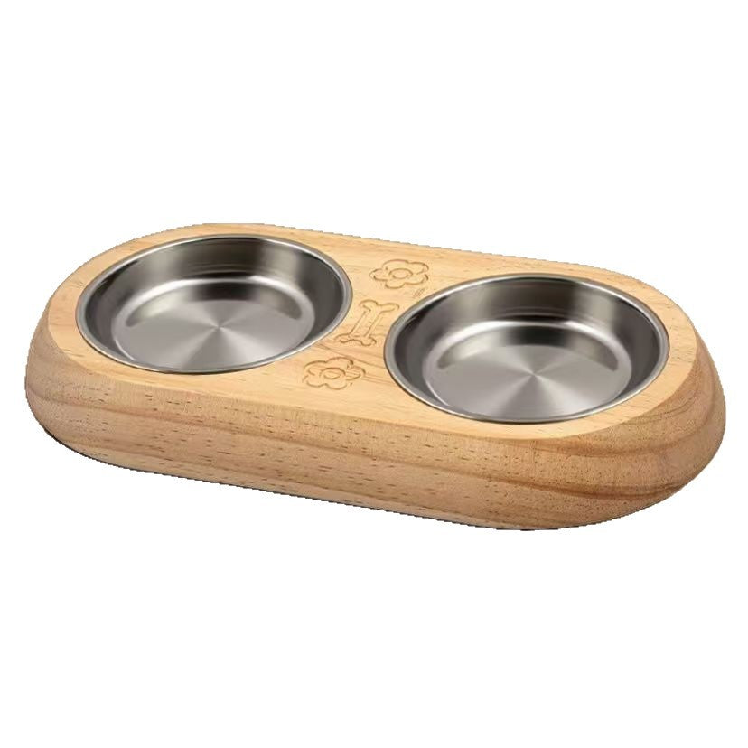 304 Stainless Steel Pet Bowl with Pine Wood Stand and Anti-Spill Neck Rim for Pets